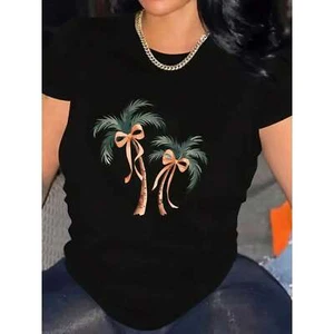 100% Cotton Ladies' Palm Tree Pattern T-shirt - Casual Summer Short Sleeve - Picture 1 of 13