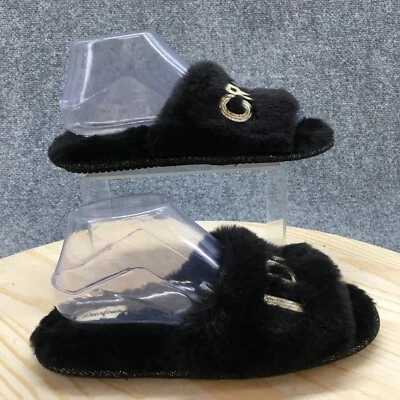Dearfoams Slippers Womens 7-8 I Do Crew Slide Black Faux Fur Slip On Comfort NEW - Image 1 of 4