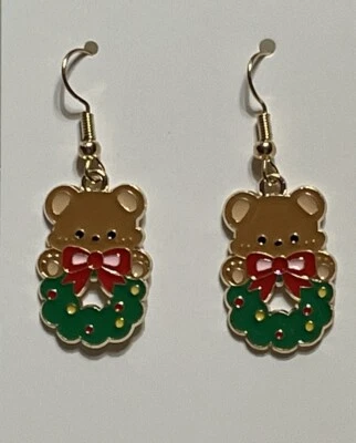 Oso de peluche Hello Kitty esmalte de Navidad dorado colgante adorable conjunto de pendientes Foto 1 de 2