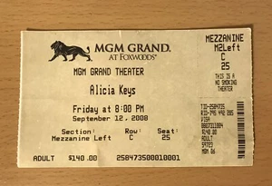 Alicia Keys MGM Grand Foxwoods 2008 boleto de concierto de casino C25 - Imagen 1 de 2
