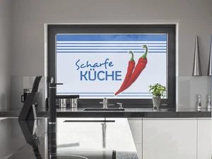 Sichschutzfolie Fensterfolie farbig für Küche Spruch Scharfe Küche Küchenfenster - Bild 1 von 6