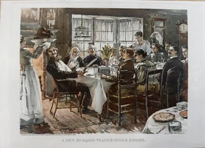 1895 A New England Thanksgiving Dinner Warren B. Davis impresión litográfica original - Imagen 1 de 3