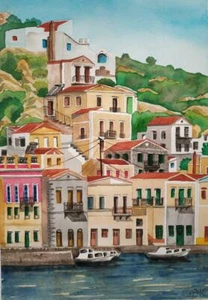 Sumi Island Painting Greece Art Cityscape Wall Art Large Watercolor Original Art - Picture 1 of 12