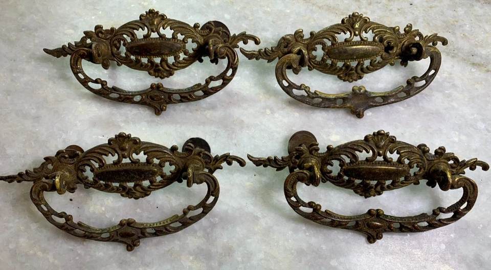 Antique Victorian Ornate Fancy Art Nouveau Brass Dresser Bureau Handle Pull - Image 1 of 4