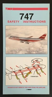 Tarjeta de seguridad Boeing 747 1991 TWA Trans World Airlines Airways Foto 1 de 3