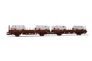 DB, 2-tlg Set 2-achs. Flachwagen Kls ohne Rungen in braun, beladen mit 2 Wagen ( - Bild 1 von 1