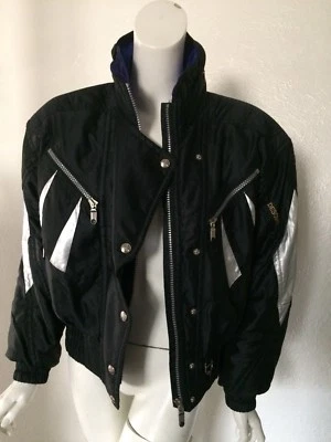 Descente Ski Winter Moto Hooded Jacket Black Silver Women’s 8 Made In Japan VTG - Image 1 of 4