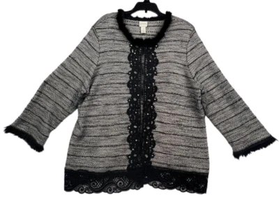 Chico's Size 3 (L, 16) Knit Cardigan Fur & Lace Trim Beads Eye & Hook  Pre-Owned - Image 1 of 4