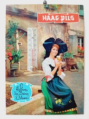 Ancien thermomètre publicitaire Bière HAAG brasserie d'Alsace Ingwiller - PIN-UP - Photo 1/4