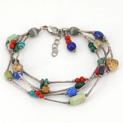 复古 Silpada 纯银多石珠液体银色 4股手链 B0788 — 第 1/4 张图片