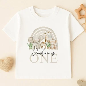 Personalised Beige Jungle Rainbow Birthday T-shirt - Picture 1 of 4