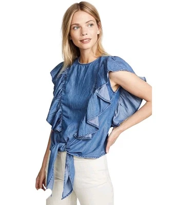 Blusa Marco Nudo Volantes Corbata Frontal Cambray Mezcla de Lino Botón Trasero XS Foto 1 de 4