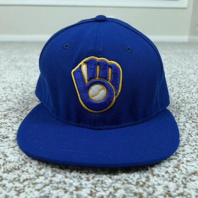 Vintage Milwaukee Brewers Hat Cap Fitted Mens 7 3/8 Blue MLB Baseball New Era - Image 1 of 4