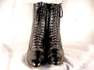 Antique Edwardian Period Black Leather Lace Up Boots US 8W - Picture 1 of 9