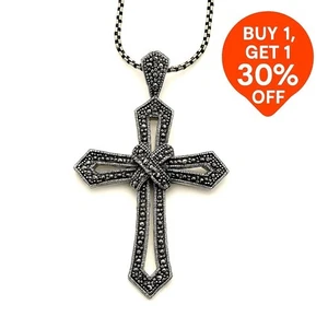 Vintage Markasiten Kreuz Halskette - verzierter Sterling Silber Stil Anhänger - Bild 1 von 6