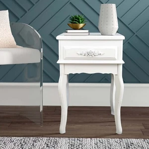 Antique White Nightstand Wood Console Table w/ Rosebuds, 1-Drawer Side Table - Picture 1 of 10