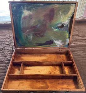 Vintage Wooden Artist Box 13x17x4 Inlaid Wood With Handle And Locks - Picture 1 of 24