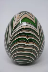 Hand Blown Art Glass Egg Shaped Pulled Feather Design Paperweight - Picture 1 of 9