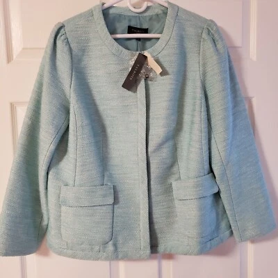 Talbots Woman Fully Lined Tweed Blazer Snap Front w/Pockets Aqua Size 14W NWT - Image 1 of 4