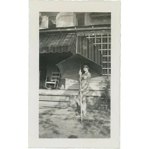 Vintage Black And White Photograph Girl In Swimsuit Holding Umbrella Snapshot - Picture 1 of 4