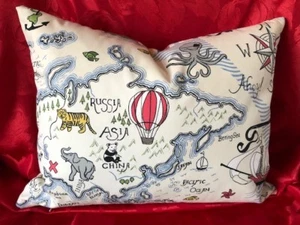 SANDERSON FABRIC MULTI STRIPE &TREASURE MAP VANILLA CUSHION COVER 17X13""  - Picture 1 of 13