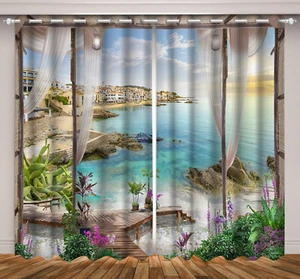Tela de cactus verde floral costero 3D 2 paneles cortinas de ventana cortinas de bloqueo - Imagen 1 de 11