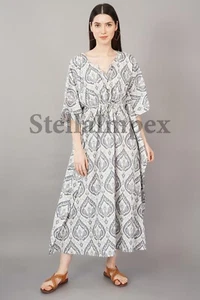 Abito lungo caftano bianco e grigio elegante cotone caftano fatto a mano indiano bellissimo - Foto 1 di 6