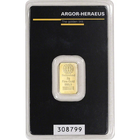 2 gram Gold Bar - Argor Heraeus - 999.9 Fine in Assay Cover