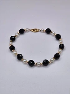 Vintage 14k yellow gold jet and pearl bracelet - Picture 1 of 9