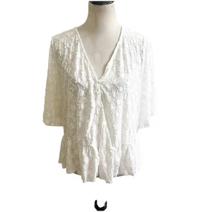 Lane Bryant strukturierte Bluse Schößchen Sterne Größe 14/16 weiß V-Ausschnitt Knopf verspielt - Bild 1 von 12