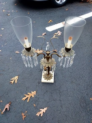 Candelabro de bronze antigo suporte de mármore cristal prisma gotas raras 17,5" T - Imagem 1 de 4