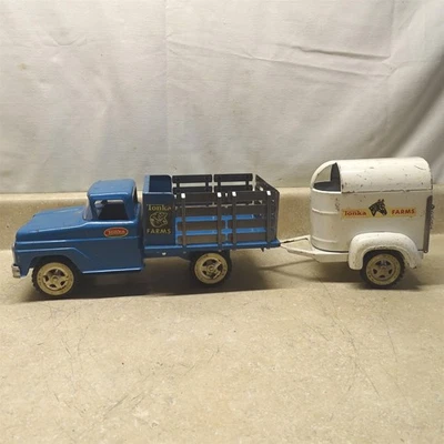 Camión de estacas Tonka Farms de colección + remolque para caballos, azul 1962-63 Foto 1 de 4
