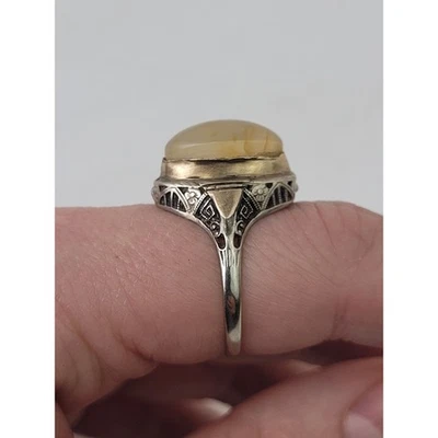 Старинный ар-деко 14K белое золото филигрань кольцо w заявление агат камень размер 7 3/4 - Изображение 1 из 4