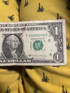 2017 1 Dollar Bill Extremely Rare Serial Number F02000008B - Picture 1 of 3