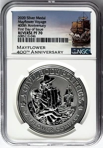 2020 Mayflower Voyage 400th Anniversary Reverse Proof Silver Metal FDOI NGC PF70 - Picture 1 of 2