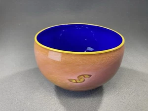 A Garcia Signed Art Glass Bowl Hand Blown Cased Cobalt Blue & Peach 8" W 5" H - Picture 1 of 12