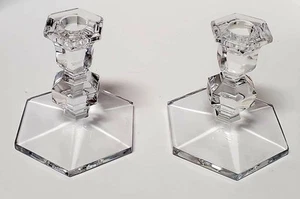 Val St. Lambert Candlestick Pair Belgium Crystal Gardenia Hexagon 5" Signed Set - Picture 1 of 11