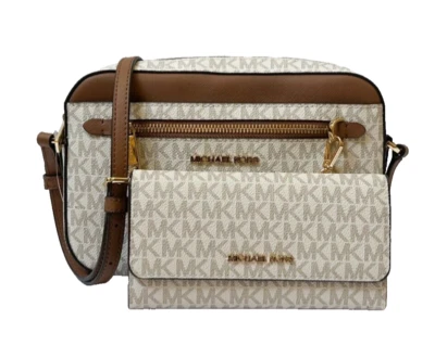 Bolso Bandolera Michael Kors Jet Set Cadena de Viaje + Cartera MK Vainilla/Marrón Foto 1 de 4