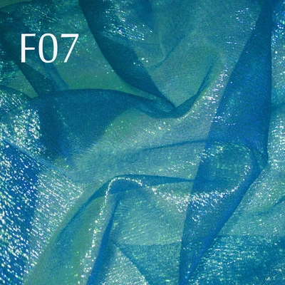 F07 PER YARD Teal Blue wLime reflex Shiny Iridescent Ruffle Sheer Organza Fabric - Image 1 of 4