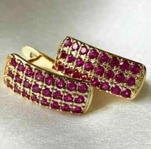 2CT Lab Created Read Ruby Hoop Earrings Women's 14k Yellow Gold Plated Silver925 - Picture 1 of 5