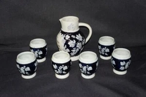 7 Pc German Salt Glazed Pottery Wine Pitcher Cobalt Blue with Grapes 1/2L, 6 Cup - Picture 1 of 1
