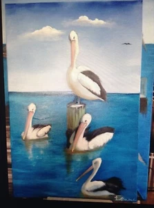 Art Original Oil painting Lovely Pelicans in good weather. by Sunlover - Picture 1 of 1