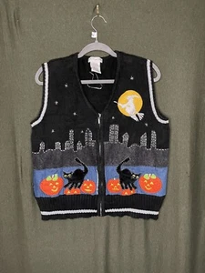Vintage Large Fun Ugly Tacky Halloween Sweater Vest Pumpkins Black Cats Witch - Picture 1 of 5