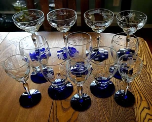 12 Weston Optic Etched Glass Cobalt Blue - Champaign/Sherbet, Ice Tea, Cordial - Picture 1 of 6