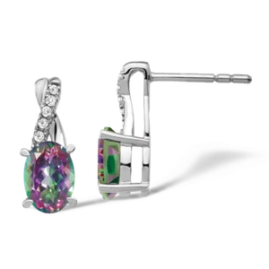 14K Solid White Gold Mystic Fire Topaz Diamond Dangle Earrings - Picture 1 of 4