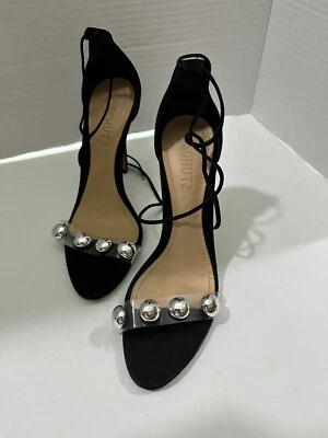 SCHUTZ  Ramon Ankle-tie Suede High-heel Sandals In Black Nubuck Leather Size 6.5 - Image 1 of 4