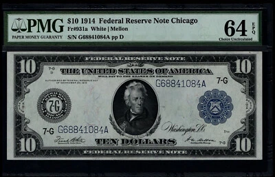 1914 $10 Federal Reserve Note Chicago 7-G Fr. 931a  SN G68841084A PMG 64 EPQ - Image 1 of 3