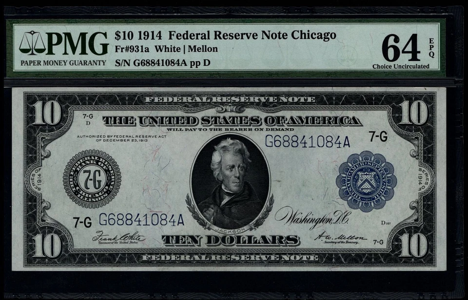 1914 $10 Federal Reserve Note Chicago 7-G Fr. 931a  SN G68841084A PMG 64 EPQ - Image 1 of 3