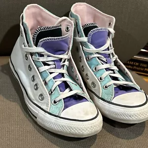 Converse High Top Shoes Chuck Taylor Double Sneaker W8 M6 White Purple Blue VTG - Picture 1 of 10