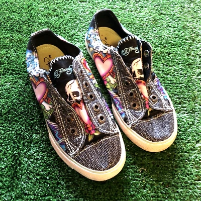 Ed Hardy SLR GLITTER SHOES GRAY WHITE WITH DESIGNS US 2 EU 33 UK 1.5 SKULL HEART - Image 1 of 4
